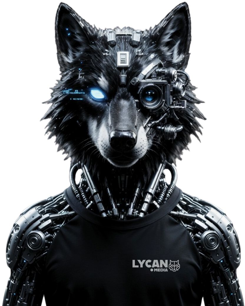 Cyberpunk wolf emerging through electric blue atmosphere.